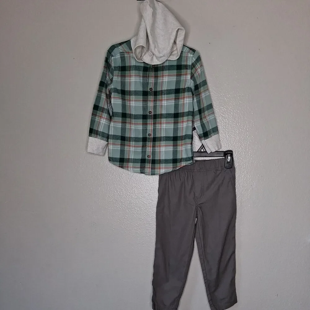 Carters Toddler Boys 2 Piece Set Plaid Hooded Flannel Shirt and Gray Pants 3T